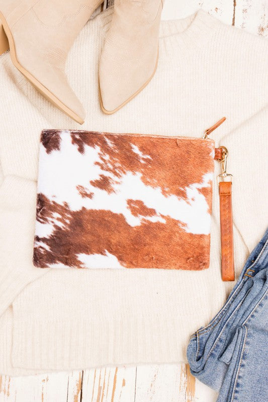 Marley Faux Fur Cow Animal Print Clutch