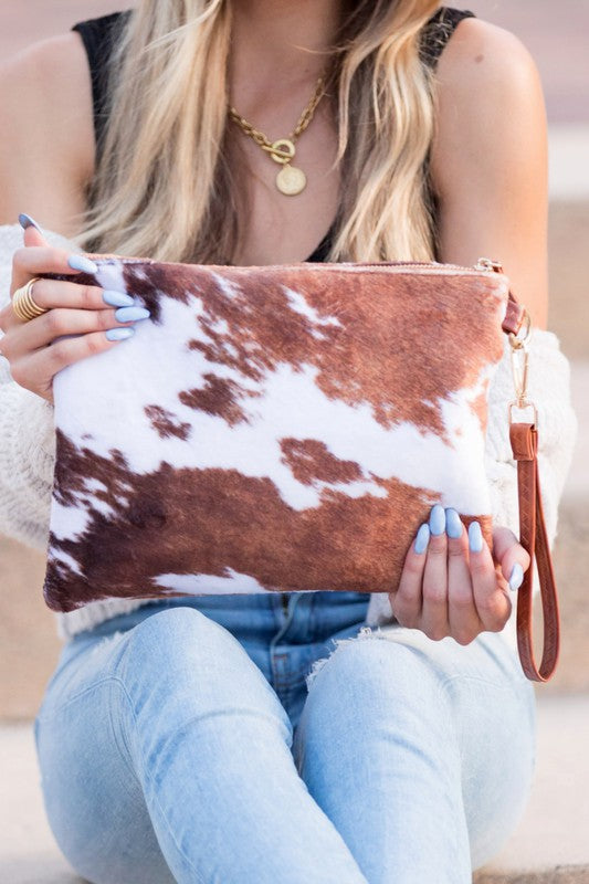 Marley Faux Fur Cow Animal Print Clutch
