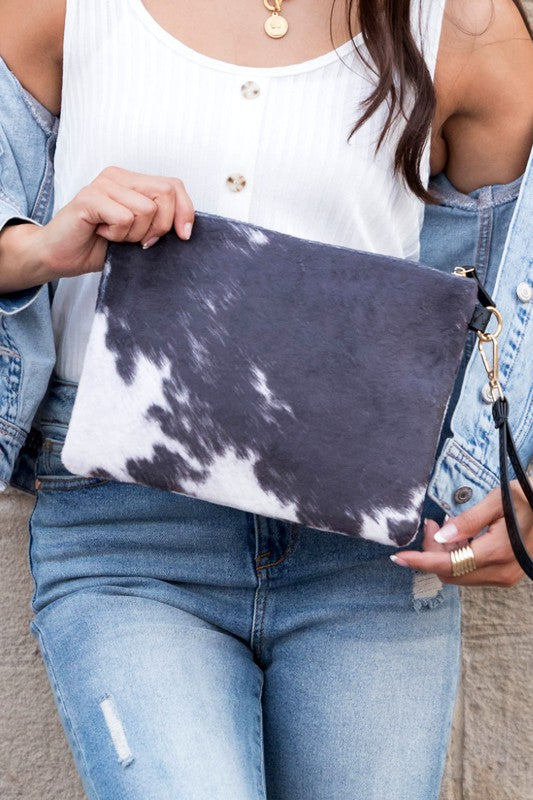 Marley Faux Fur Cow Animal Print Clutch