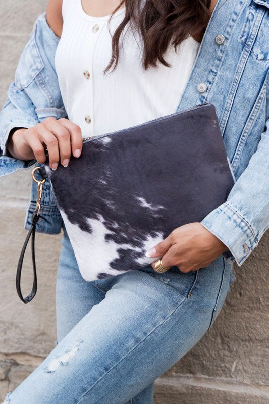 Marley Faux Fur Cow Animal Print Clutch