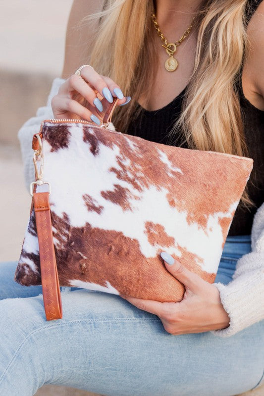 Marley Faux Fur Cow Animal Print Clutch