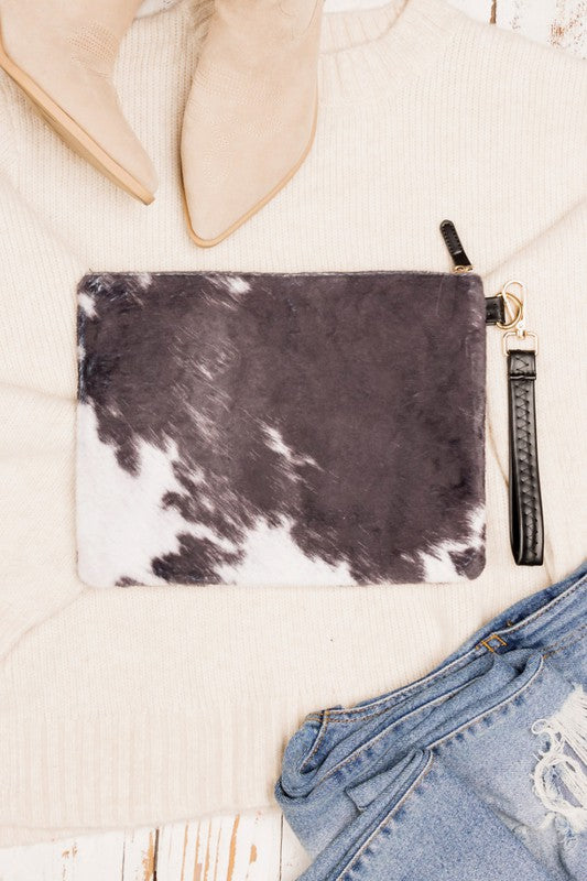 Marley Faux Fur Cow Animal Print Clutch