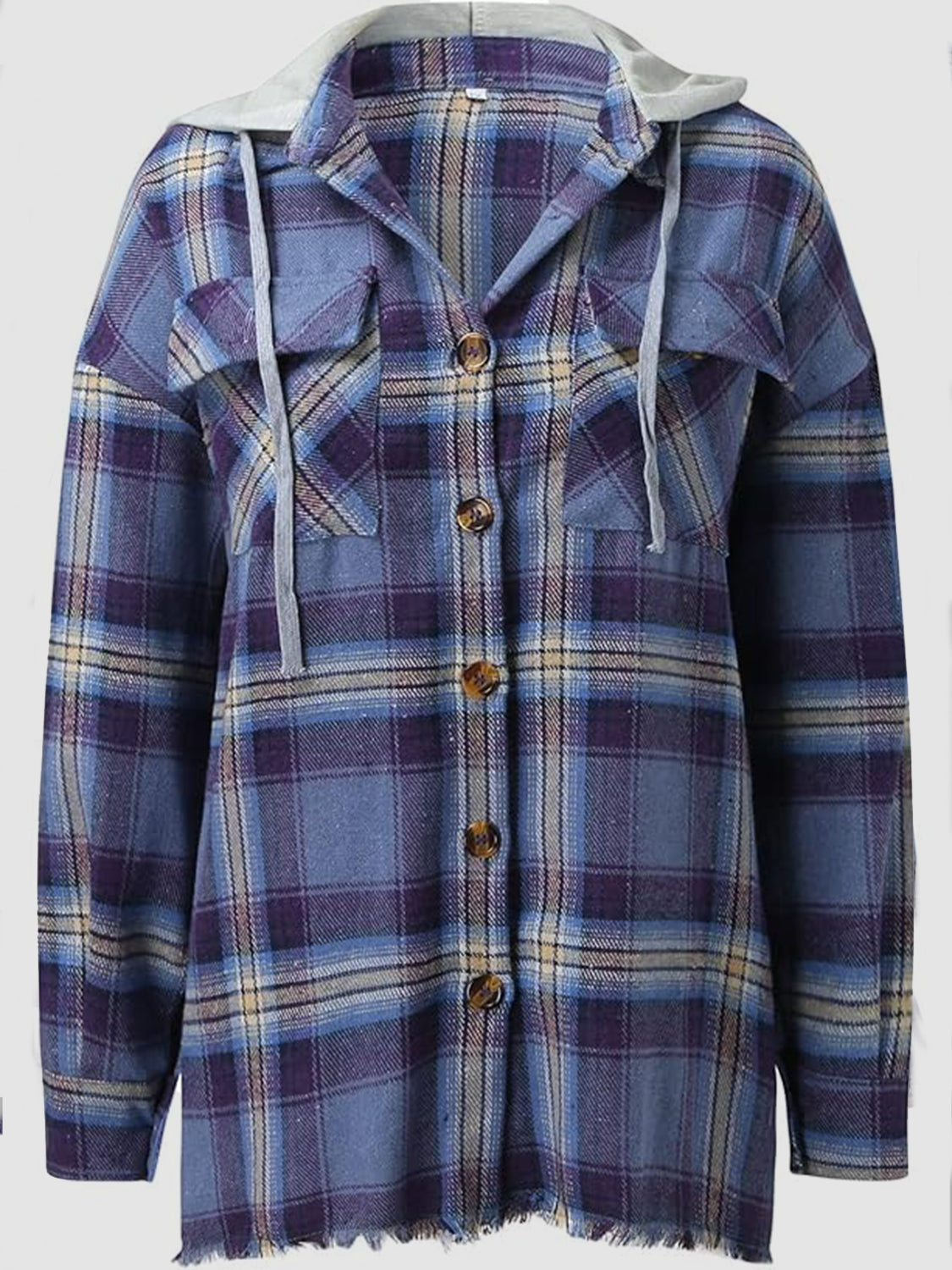 Raw Hem Plaid Long Sleeve Hooded Jacket