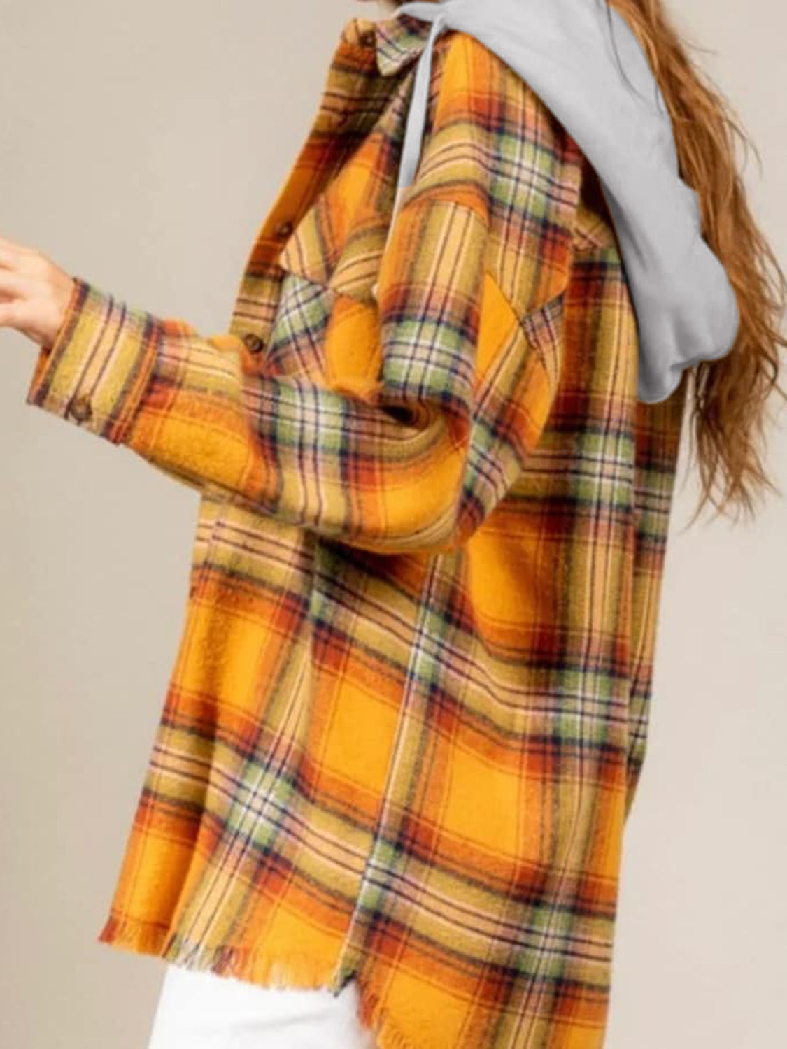 Raw Hem Plaid Long Sleeve Hooded Jacket