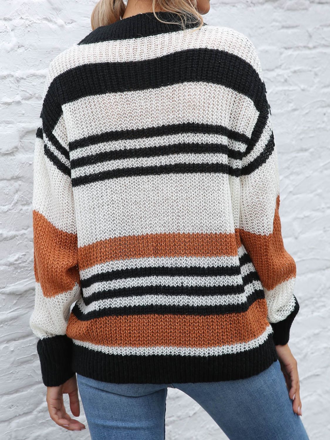 Contrast Striped Round Neck Long Sleeve Sweater