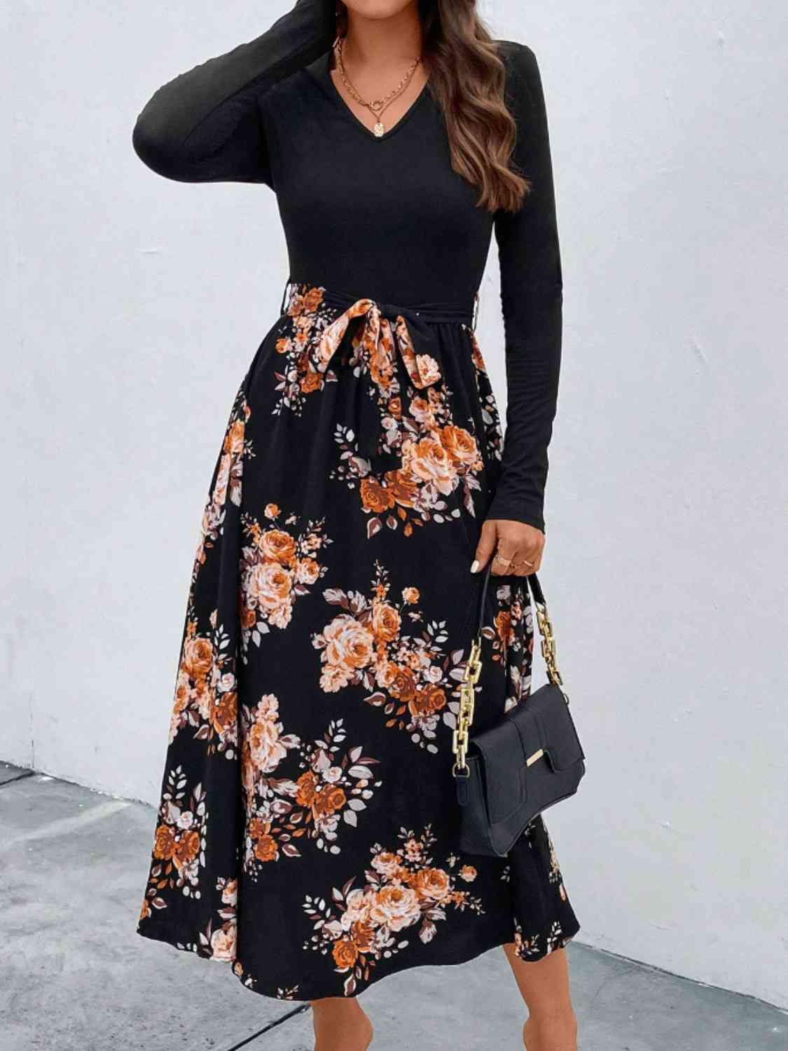 Floral V-Neck Long Sleeve Dress