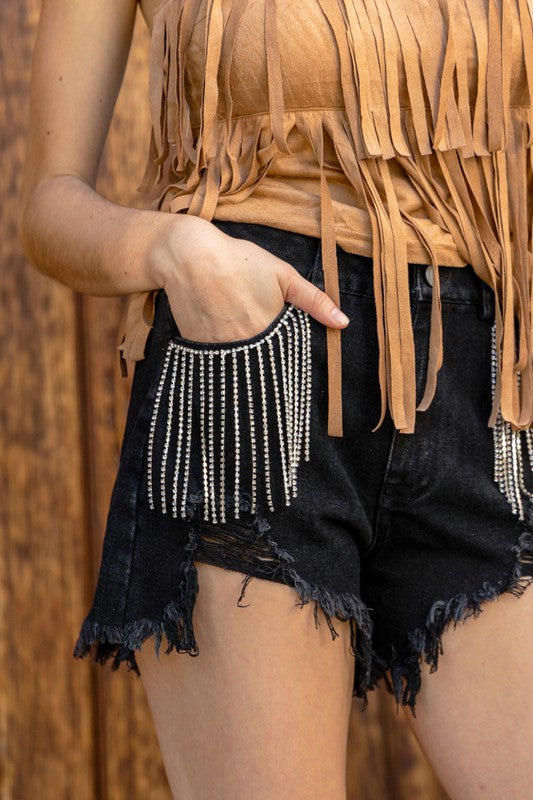 Aleece Frayed Rhinestone Denim Shorts