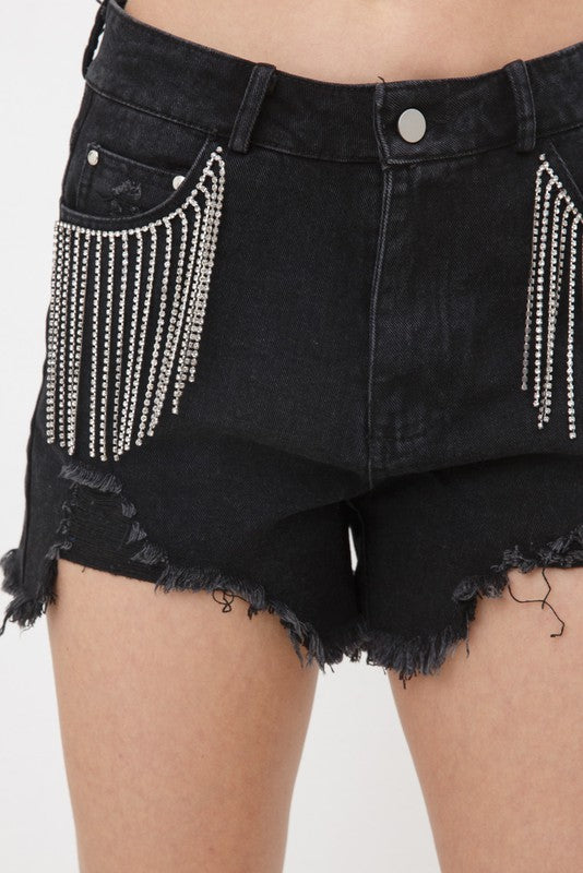 Aleece Frayed Rhinestone Denim Shorts