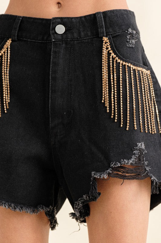 Aleece Frayed Rhinestone Denim Shorts