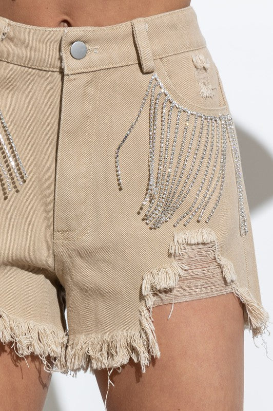 Aleece Frayed Rhinestone Denim Shorts