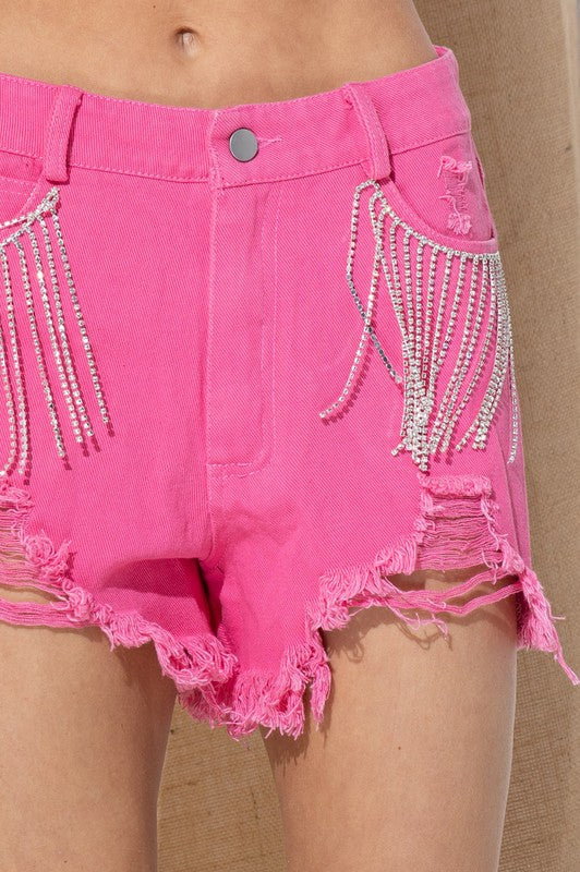 Aleece Frayed Rhinestone Denim Shorts