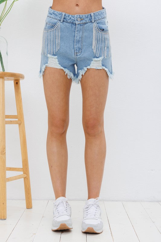 Aleece Frayed Rhinestone Denim Shorts