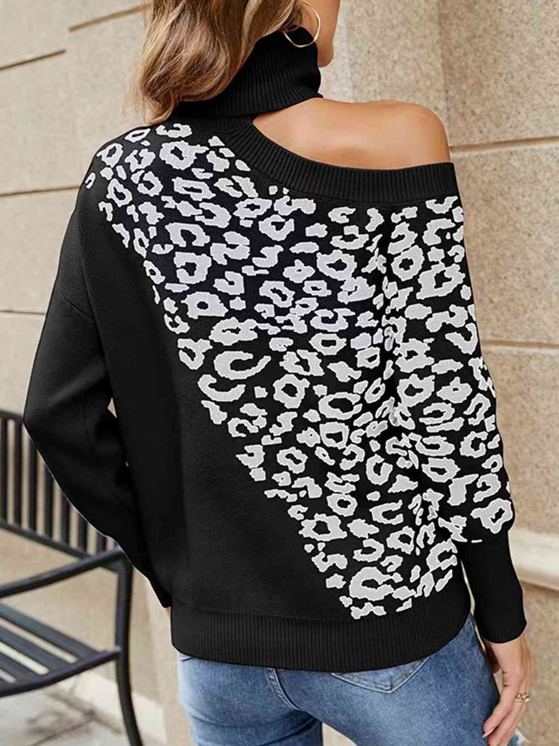 Leopard Turtleneck Cold Shoulder Long Sleeve Sweater