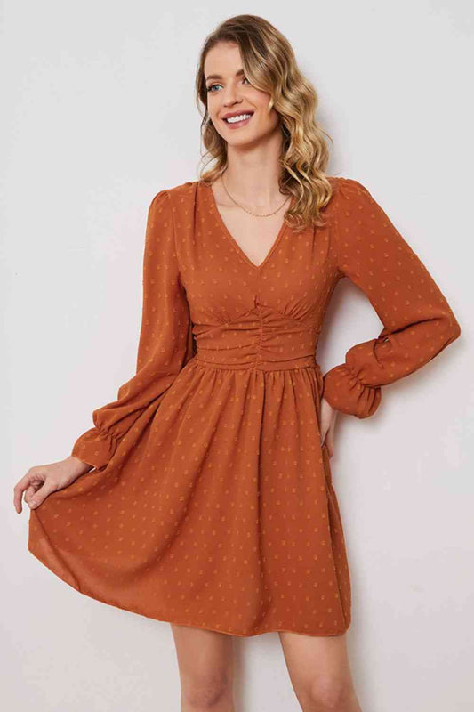 Swiss Dot Ruched V-Neck Flounce Sleeve Dress