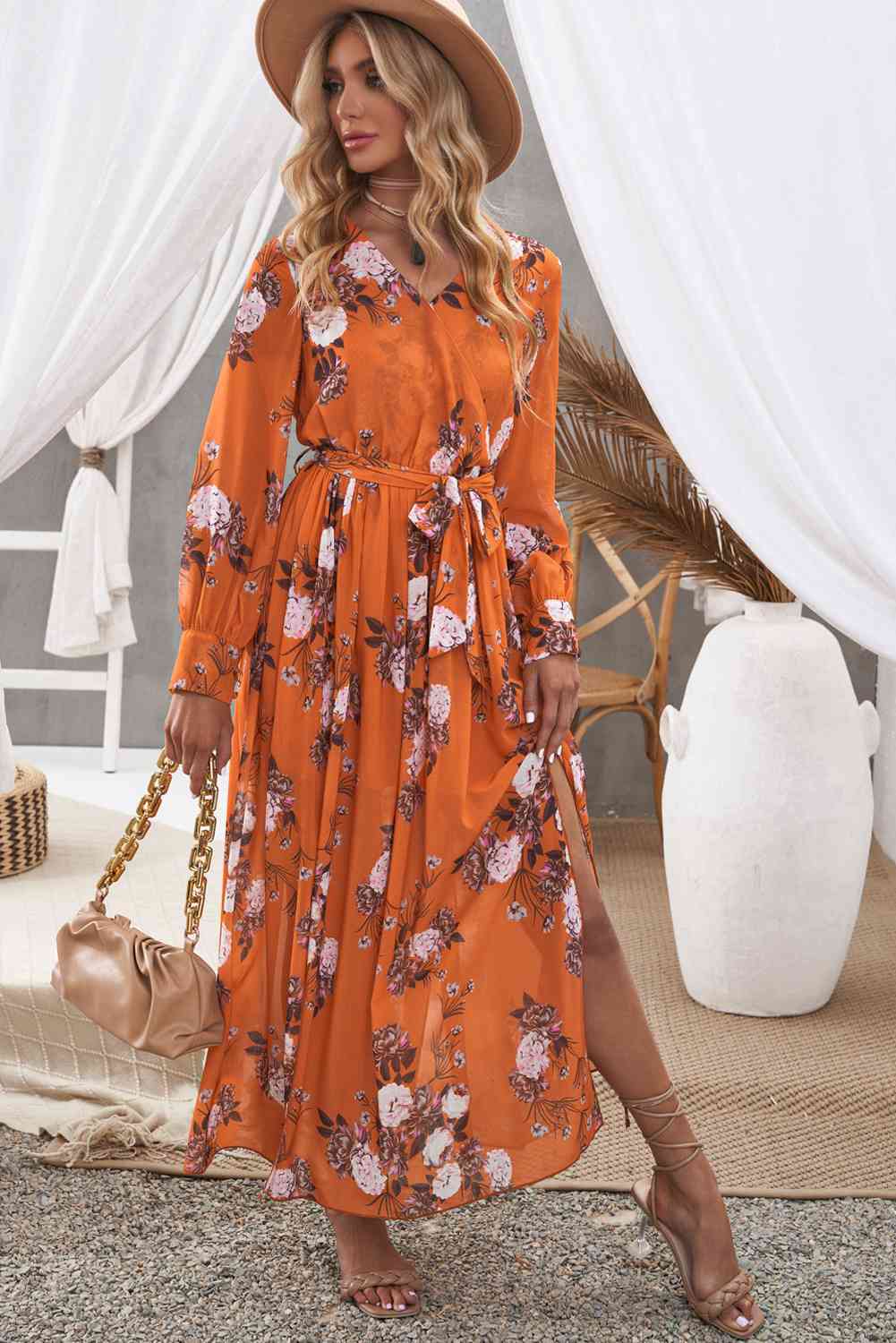 Floral Tie Waist Slit Maxi Dress